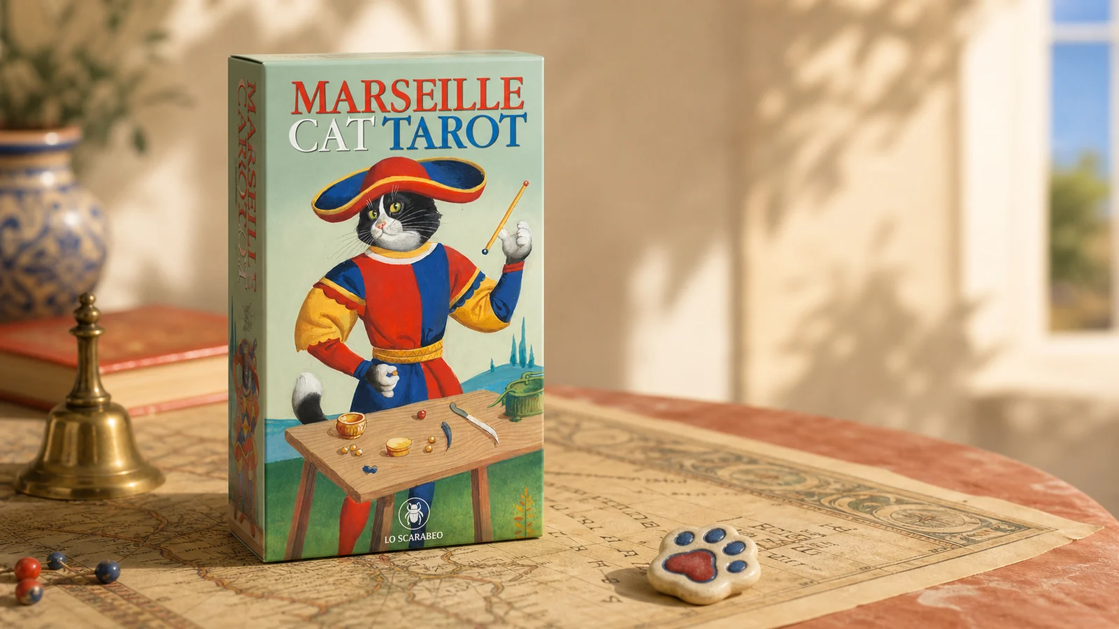 Marseille Cat Tarot Review 16 Marseille Cat Tarot box on a warm Mediterranean map table