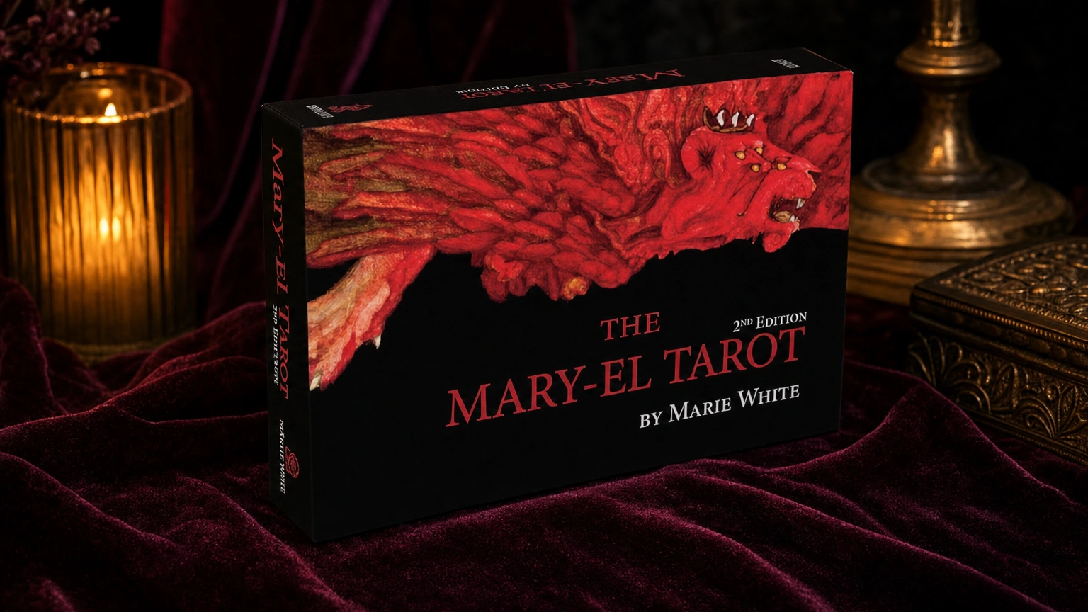 Mary El Tarot Review 16 Mary-El Tarot 2nd Edition box on a plum velvet tarot table