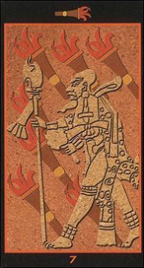 Seven of Wands card from the Mayan Tarot deck