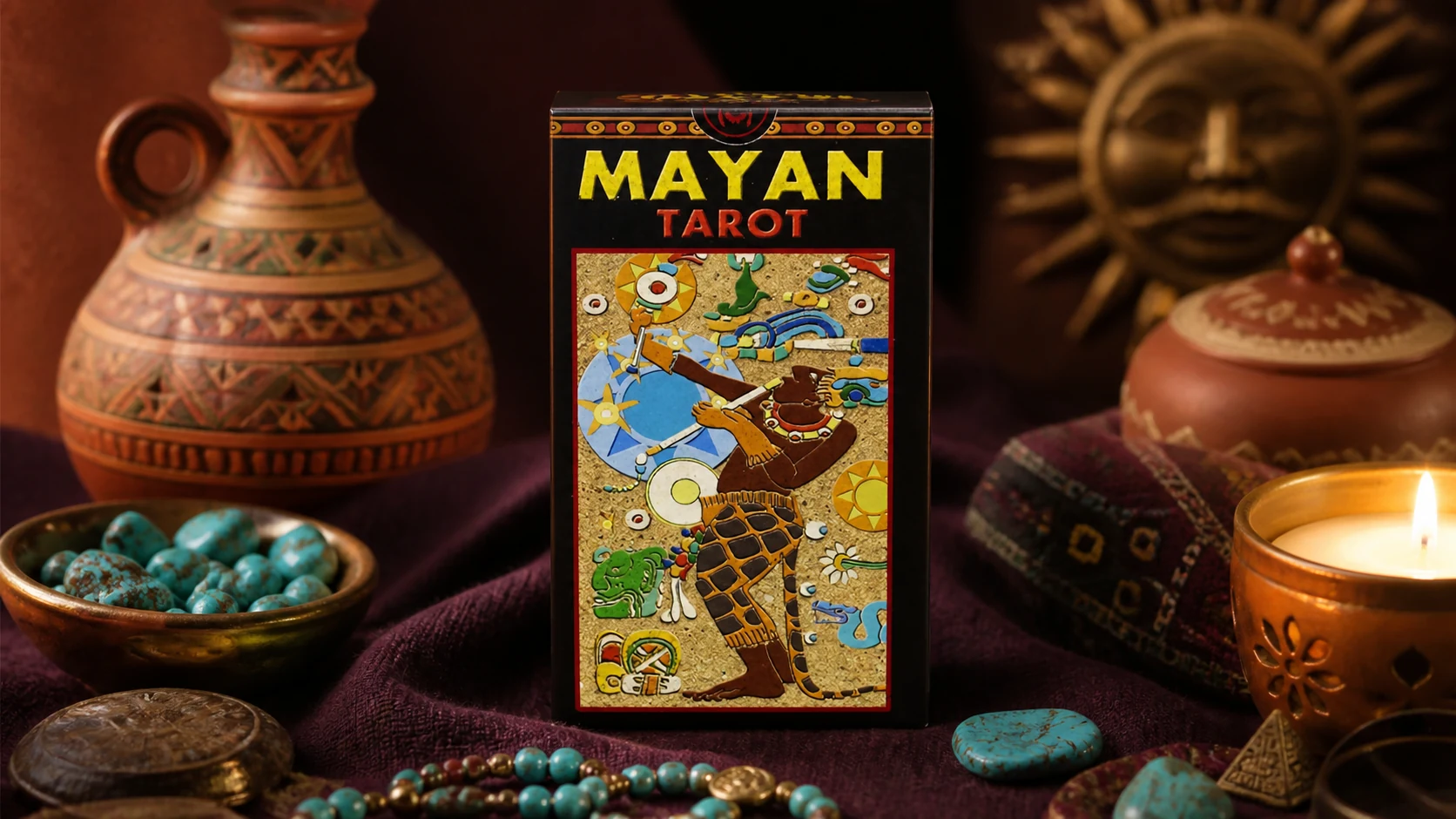 Mayan Tarot product box in a warm terracotta and turquoise setting