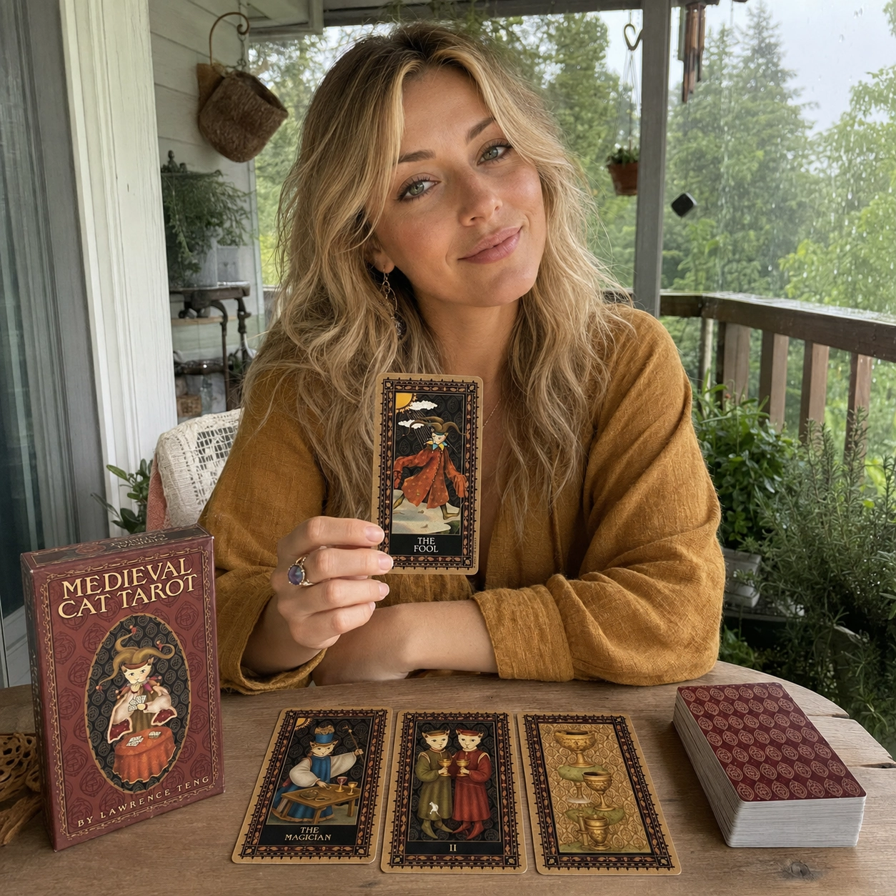 Aurica presenting The Fool while reading with the Medieval Cat Tarot box, face-up spread and stacked deck