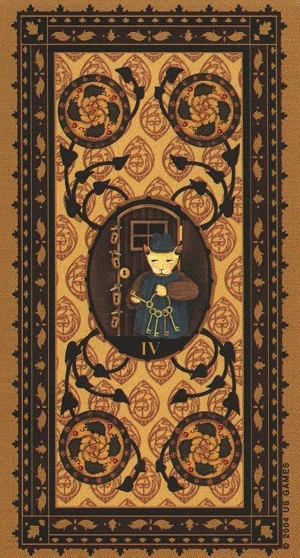 Four of Coins card from the Medieval Cat Tarot deck