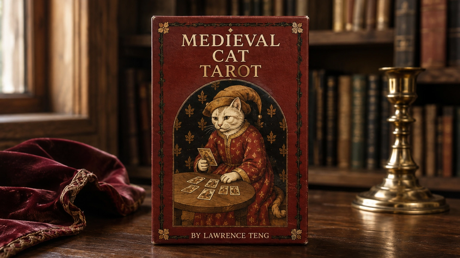 Generated Medieval Cat Tarot box art photographed in a warm library reading nook