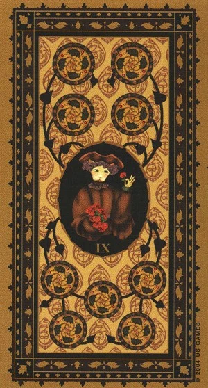 Nine of Coins card from the Medieval Cat Tarot deck