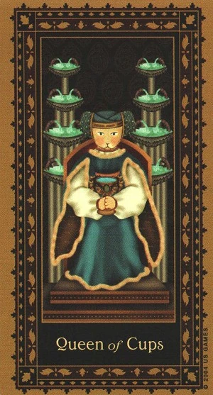 Queen of Cups card from the Medieval Cat Tarot deck
