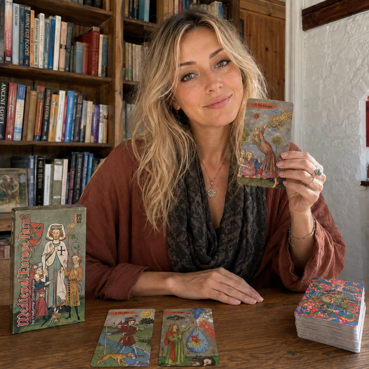 Aurica presenting The Chariot from the Medieval Europe Tarot beside its box, two-card spread, and stacked deck