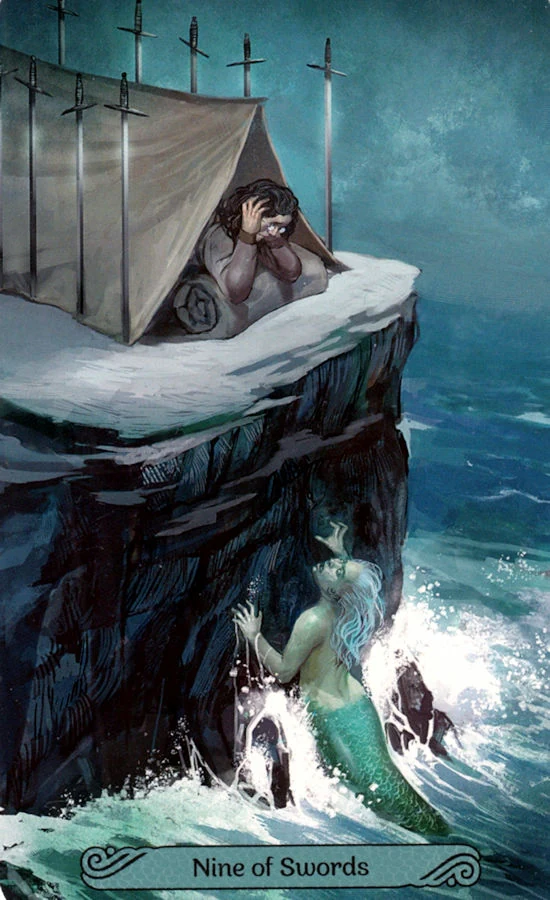 Nine of Swords card from the Mermaid Tarot deck