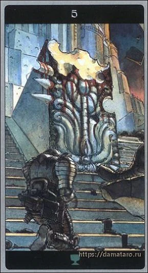 Five of Cups card from the Meta Barons Tarot deck