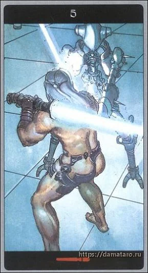 Five of Wands card from the Meta Barons Tarot deck