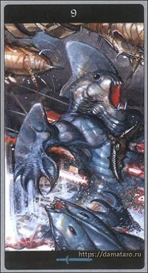 Nine of Swords card from the Meta Barons Tarot deck