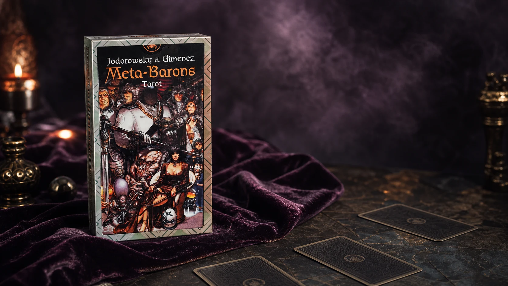 Meta Barons Tarot box on plum velvet in candlelight