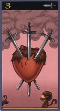 Three of Swords card from the Mibramig Magical Tarot deck