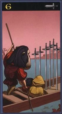 Six of Swords card from the Mibramig Magical Tarot deck