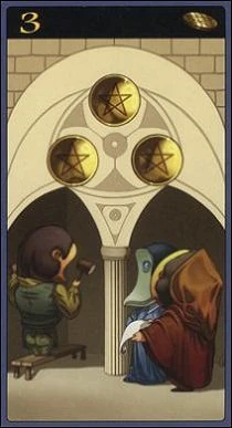 Three of Pentacles card from the Mibramig Magical Tarot deck