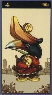 Four of Pentacles card from the Mibramig Magical Tarot deck