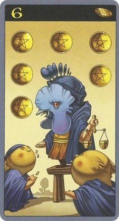 Six of Pentacles card from the Mibramig Magical Tarot deck
