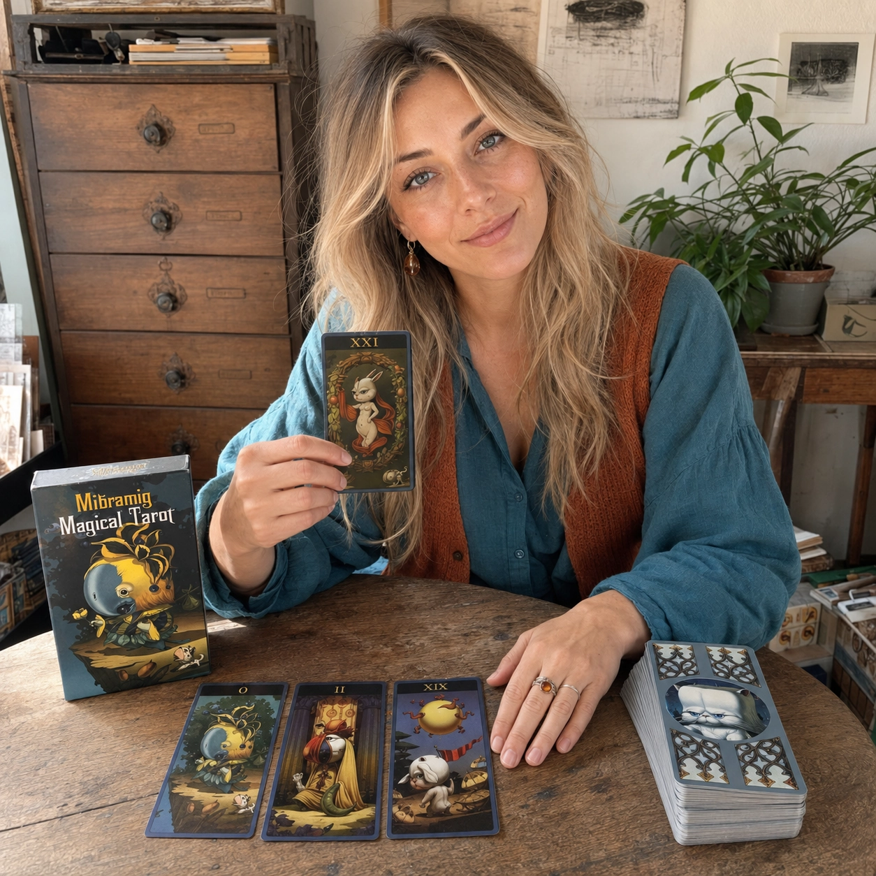 Aurica presenting The World from Mibramig Magical Tarot beside its box, a three-card spread, and the stacked deck