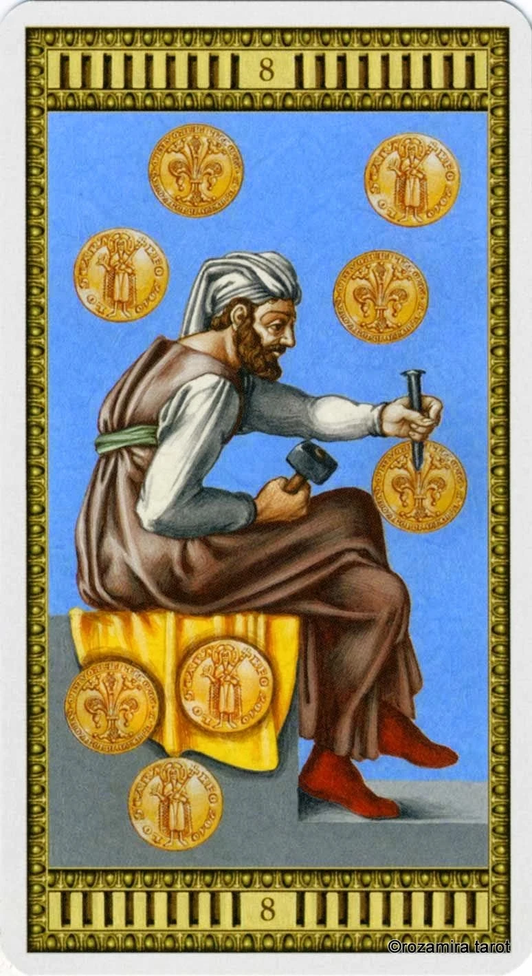 Eight of Coins card from the Michelangelo Tarot deck