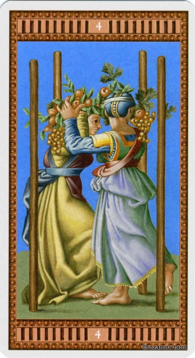 Four of Wands card from the Michelangelo Tarot deck