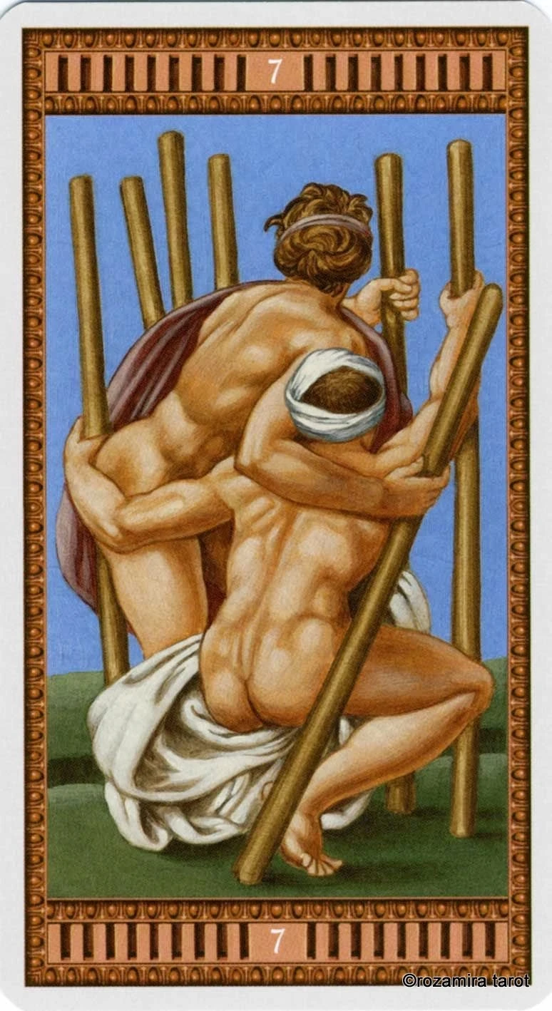 Seven of Wands card from the Michelangelo Tarot deck