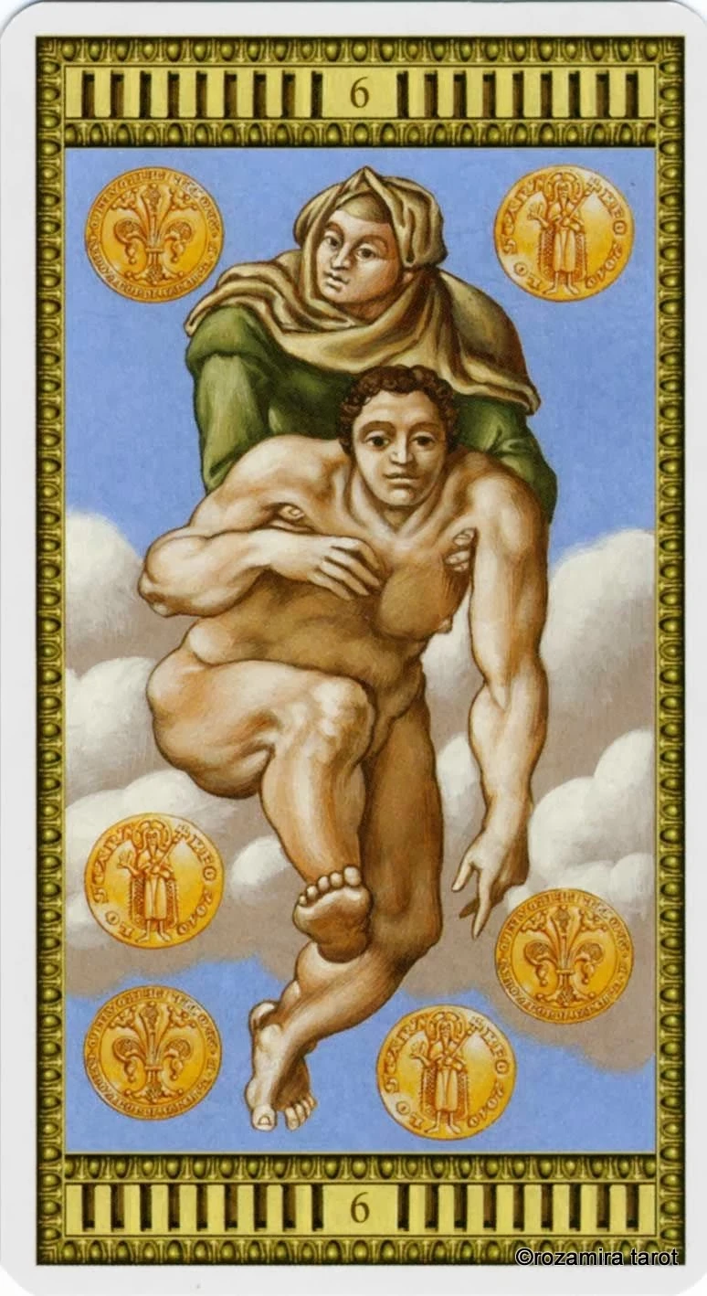 Six of Coins card from the Michelangelo Tarot deck