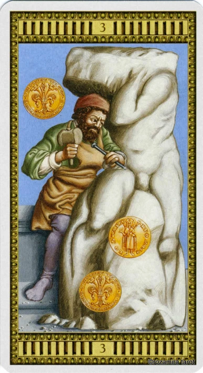 Three of Coins card from the Michelangelo Tarot deck