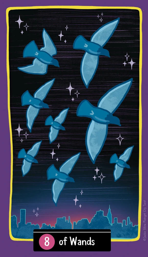 Eight of Wands - Midnight City Tarot - Tarot Deck by Jackie Gillies Eight of Wands - Midnight City Tarot - Tarot Deck by Jackie Gillies
