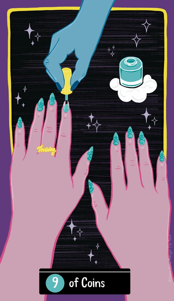 Nine of Coins - Midnight City Tarot - Tarot Deck by Jackie Gillies Nine of Coins - Midnight City Tarot - Tarot Deck by Jackie Gillies