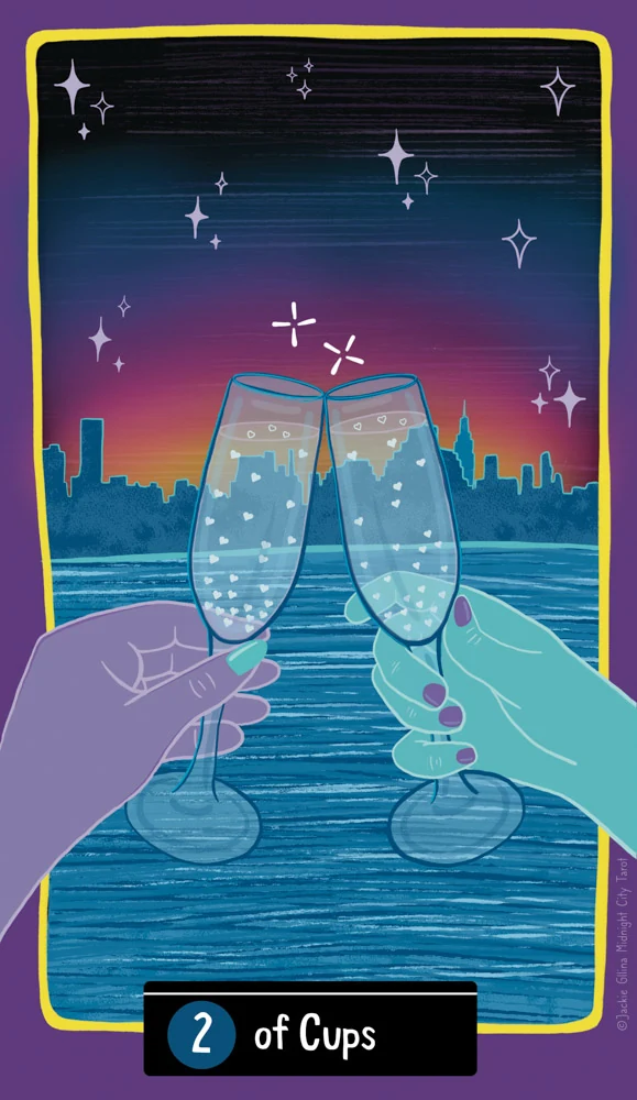Two of Cups - Midnight City Tarot - Tarot Deck by Jackie Gillies Two of Cups - Midnight City Tarot - Tarot Deck by Jackie Gillies