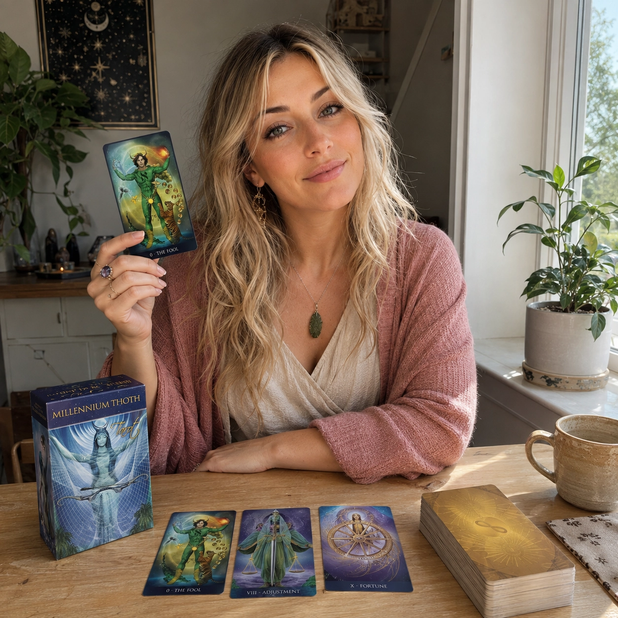 Aurica reviewing Millenium Thoth Tarot with the box, a face-up spread, and stacked deck