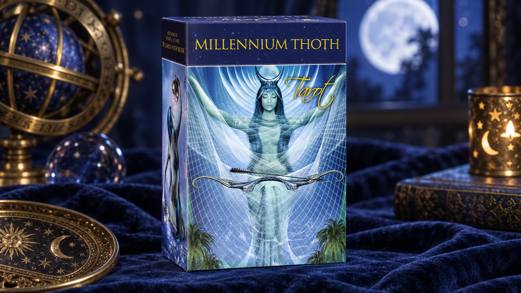AI-generated editorial scene featuring the Millenium Thoth Tarot box by Renata Lechner, based on the supplied exact-edition product reference