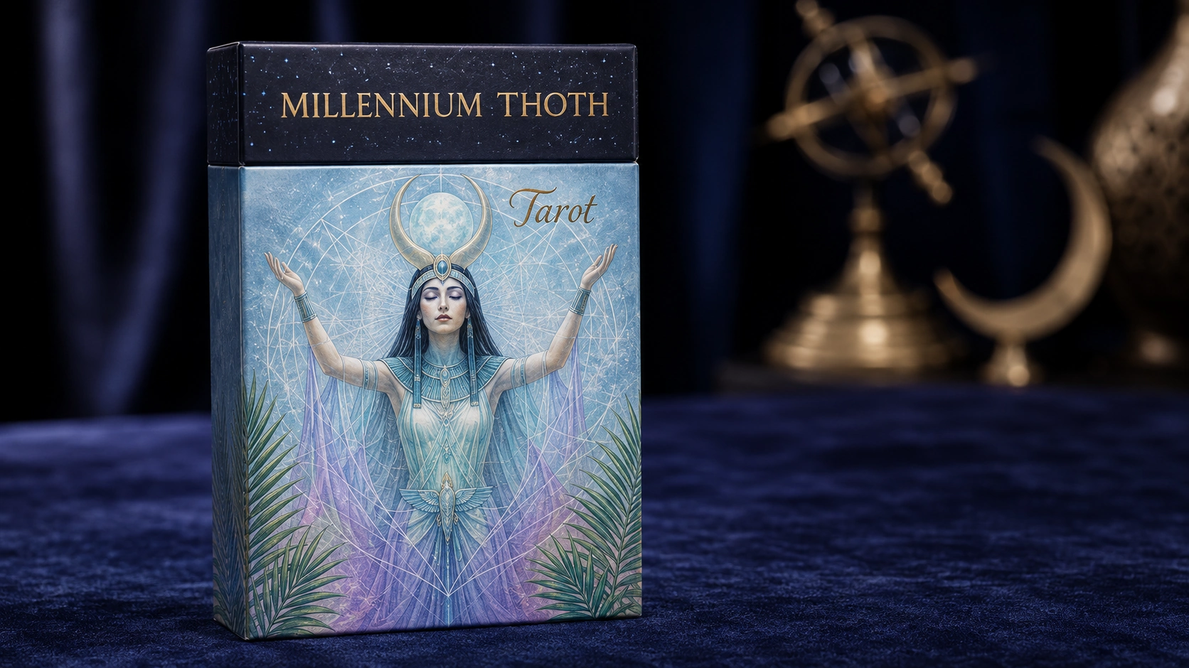 Generated editorial box-art scene inspired by the official Millenium Thoth Tarot packaging by Renata Lechner