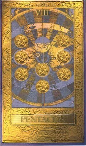 Eight of Pentacles card from the Millennium Tarot deck by Dorothy Simpson Krause