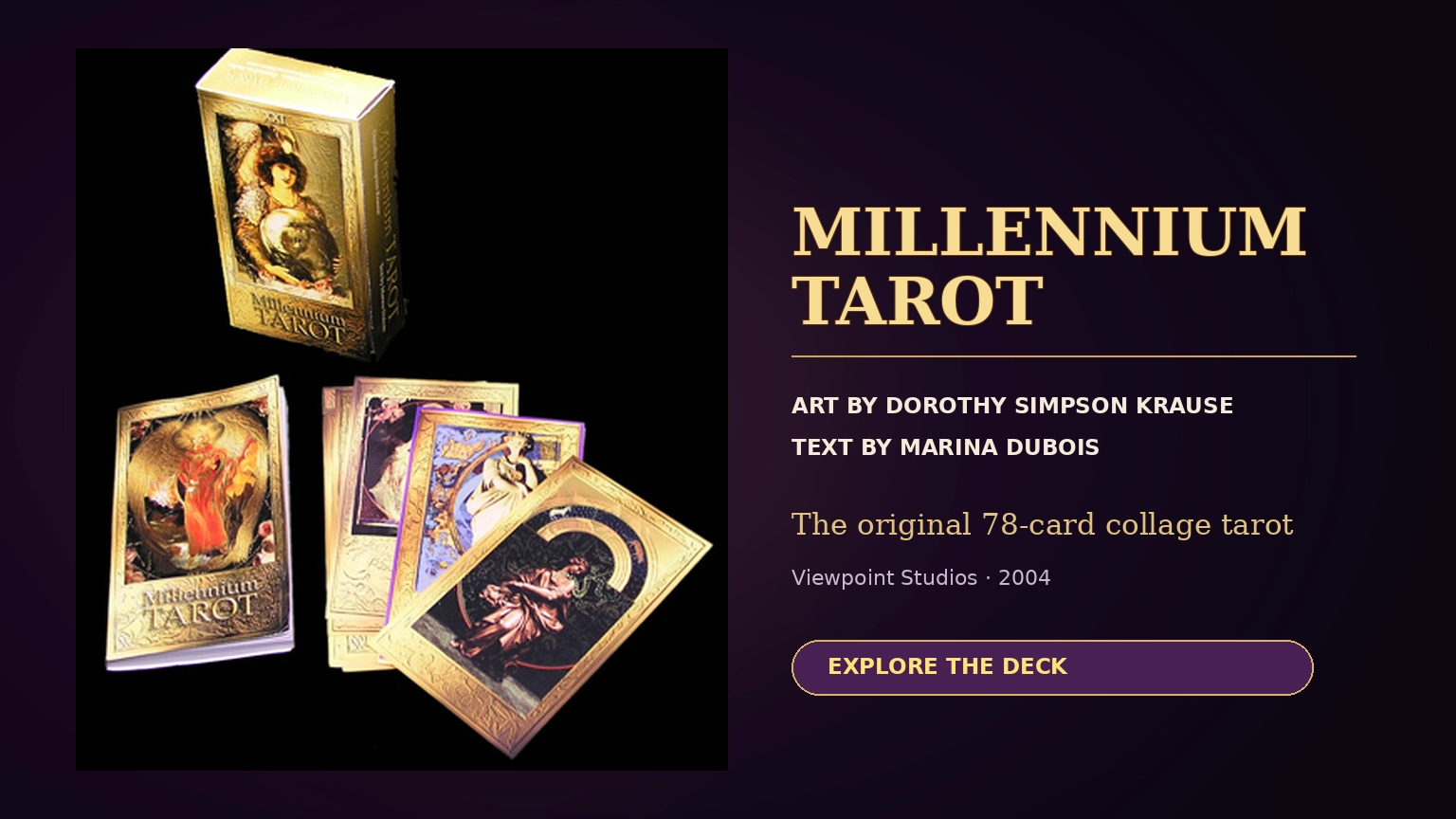 Official Millennium Tarot box and cards with credits for artist Dorothy Simpson Krause and text author Marina Dubois