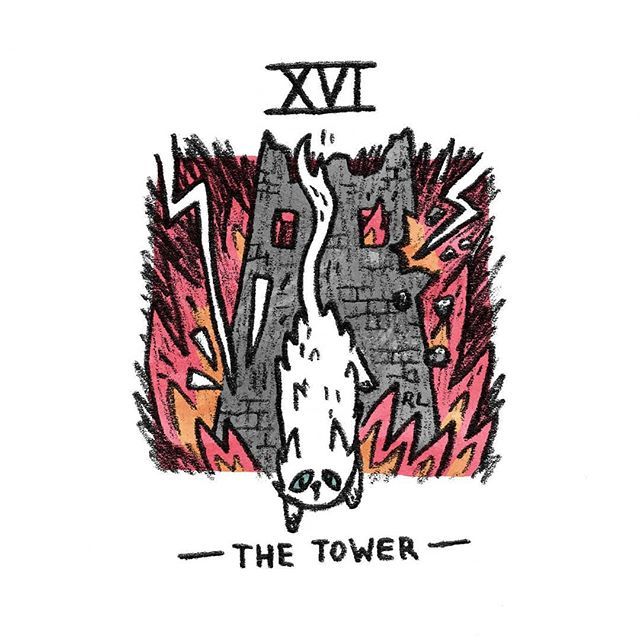 The Tower card from the Mini Cat Tarot deck