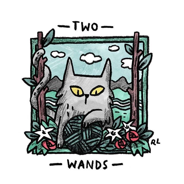 Two of Wands card from the Mini Cat Tarot deck
