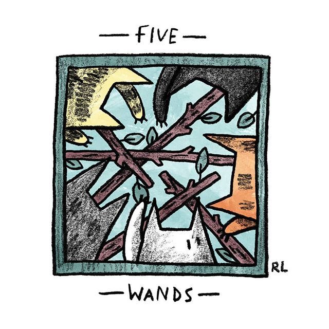 Five of Wands card from the Mini Cat Tarot deck