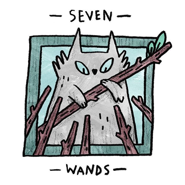 Seven of Wands card from the Mini Cat Tarot deck