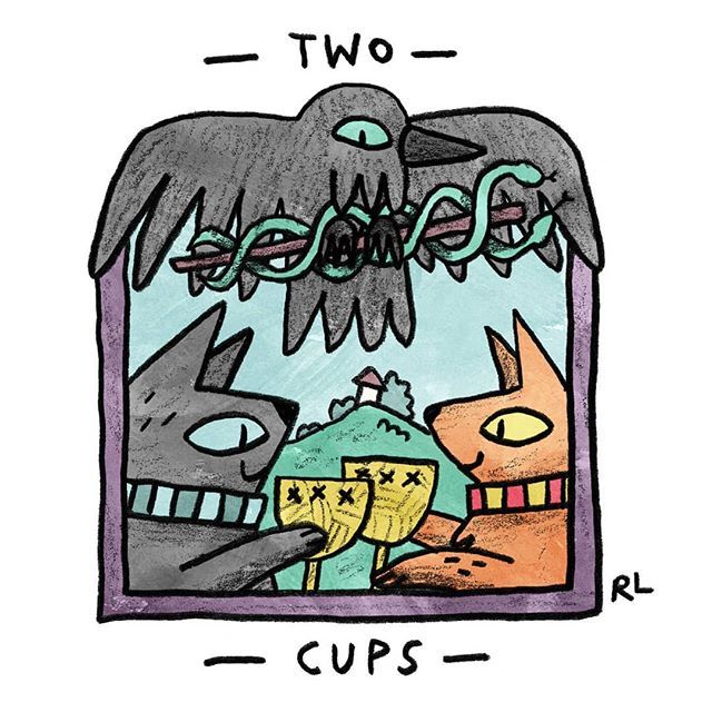 Two of Cups card from the Mini Cat Tarot deck