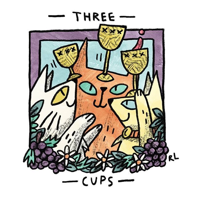 Three of Cups card from the Mini Cat Tarot deck