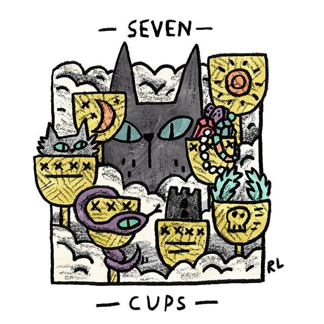Seven of Cups card from the Mini Cat Tarot deck