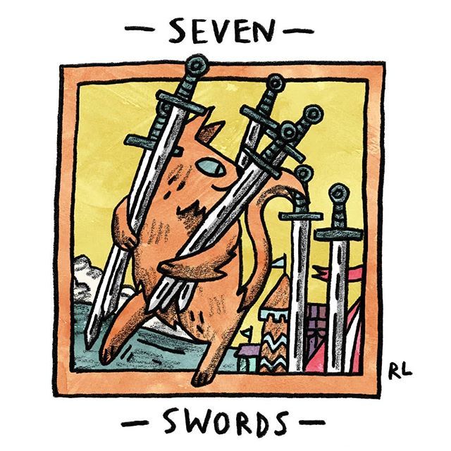 Seven of Swords card from the Mini Cat Tarot deck