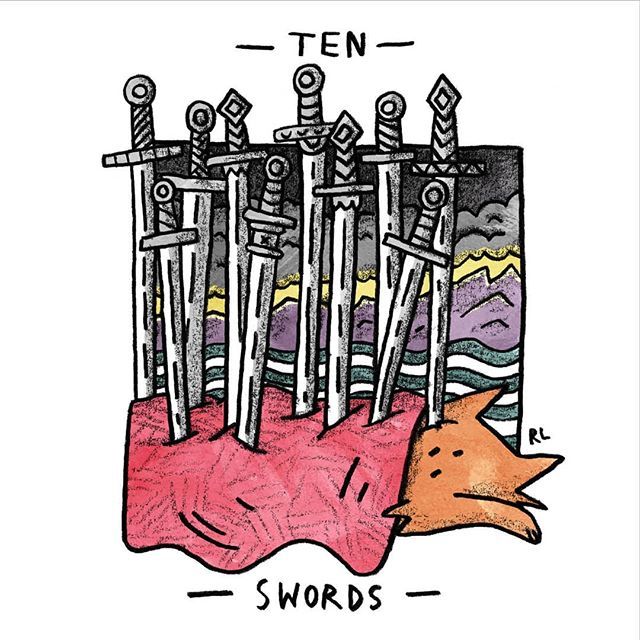 Ten of Swords card from the Mini Cat Tarot deck