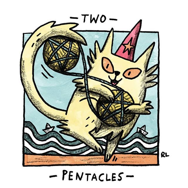 Two of Pentacles card from the Mini Cat Tarot deck