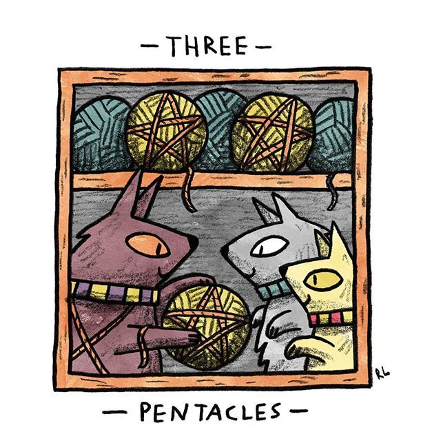 Three of Pentacles card from the Mini Cat Tarot deck