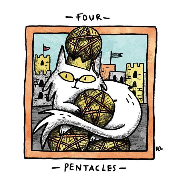 Four of Pentacles card from the Mini Cat Tarot deck