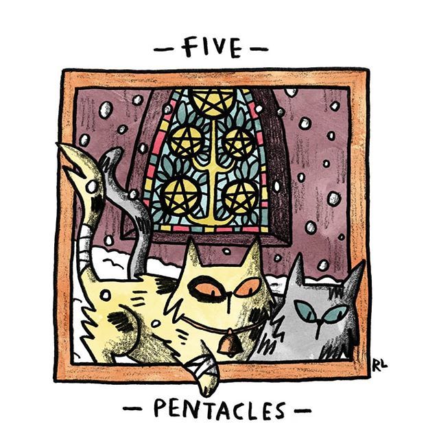 Five of Pentacles card from the Mini Cat Tarot deck