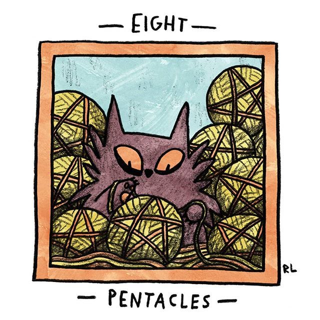 Eight of Pentacles card from the Mini Cat Tarot deck