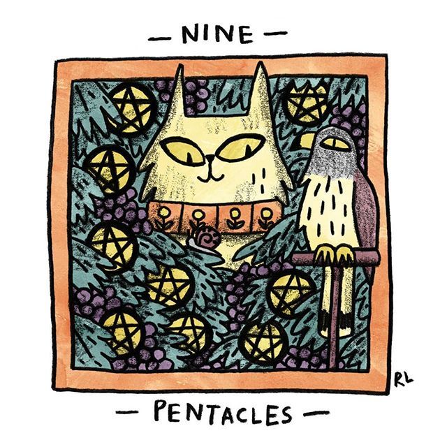 Nine of Pentacles card from the Mini Cat Tarot deck