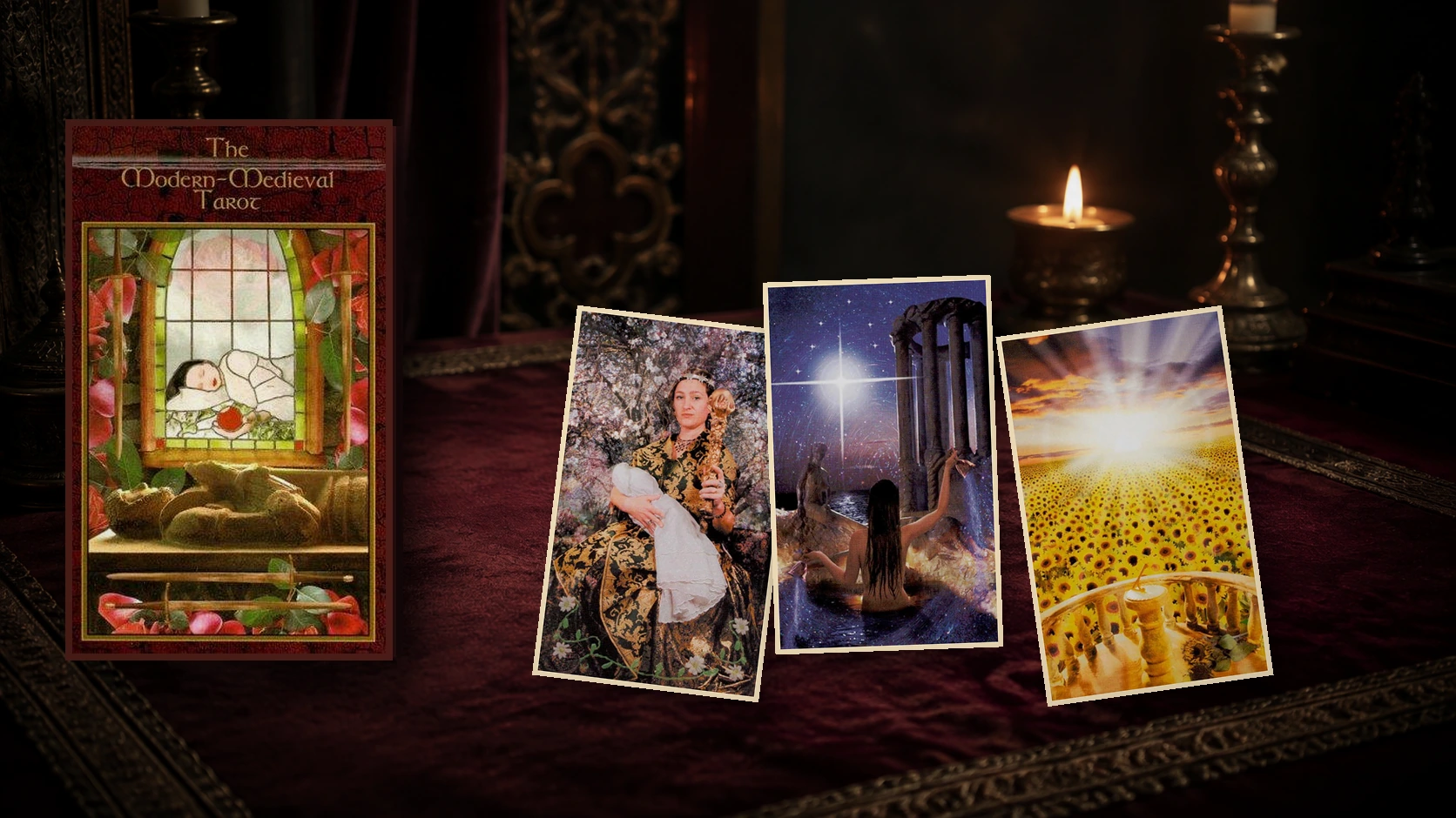 Modern Medieval Tarot - Shayn Amber Wetherell and Tim Wetherell - Product Box Art Modern Medieval Tarot box with The Empress, The Star and The Sun cards in a medieval-inspired reading setting